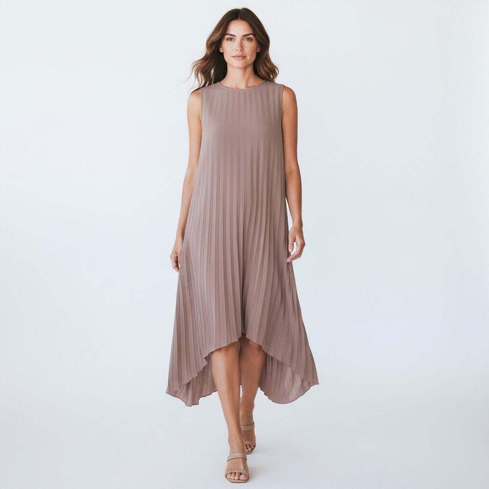 ELLIE MAKIR MIDI PLEATED DRESS MODEST HIGH-LOW HEM WOMEN SIZE LARGE